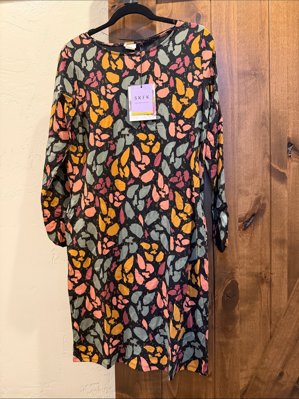 Skunkfunk Black Midi Dress with Pink, Mustard and Sage Leaf Print